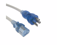 Connector for Hospital-Grade Power Cord, NEMA 5-15P to IEC320 C13 Straight Angle, Green Dot, 10ft, SJT 16/3 AWG, 13A 125VAC, Gray Jacket, Clear Blue Connectors