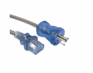 Connector for Hospital-Grade Power Cord, NEMA 5-15P to IEC320 C13 Straight Angle, Green Dot, 10ft, SJT 18/3 AWG, 10A 125VAC, Gray Jacket, Clear Blue Connectors