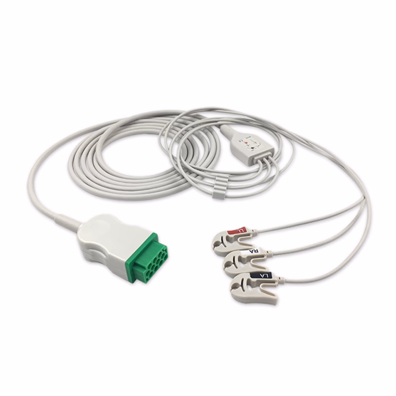 Compatible 3-lead One-Piece ECG Cable with Grabber/Pinch end (comparable to GE Healthcare 2021141-002) AHA Reusable, Limb Lead, 2.5m+0.9m, Shielded SKU: ECZ-3004G-A