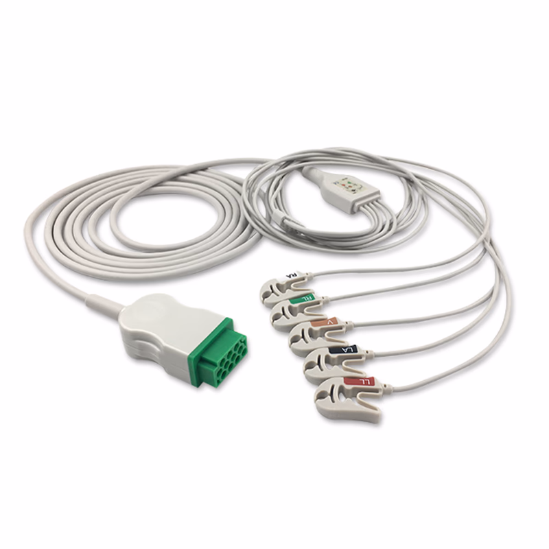 Compatible 5-lead One-Piece ECG Cable with Grabber/Pinch end (comparable to GE Healthcare 2017-004-001) AHA Reusable, Limb + Chest Lead, 2.5m+0.9m, Shielded SKU: ECZ-5004G-A