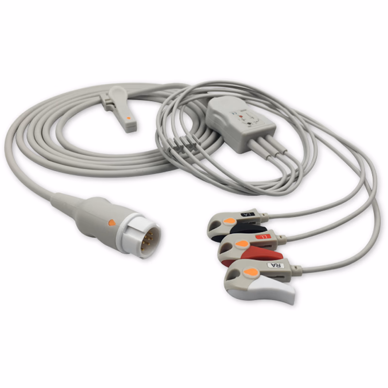 Compatible 3-lead One-Piece ECG Cable with Grabber/Pinch end (comparable to Philips 989803143181) AHA Reusable, Limb Lead, 2.5m+0.9m, Defib-Proof (with Resist) SKU: EC-3005RG-A