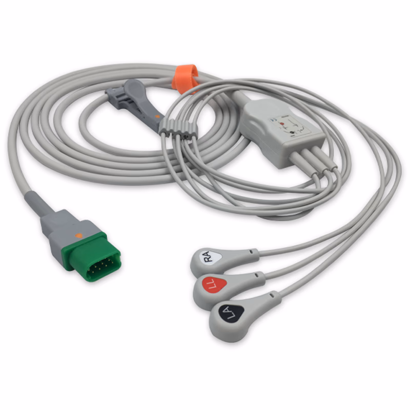 Compatible 3-lead One-Piece ECG Cable with Snap end (for use with Datascope) AHA Reusable, Limb Lead, 2.5m+0.9m, Defib-Proof (with Resist) SKU: EC-3018RS-A
