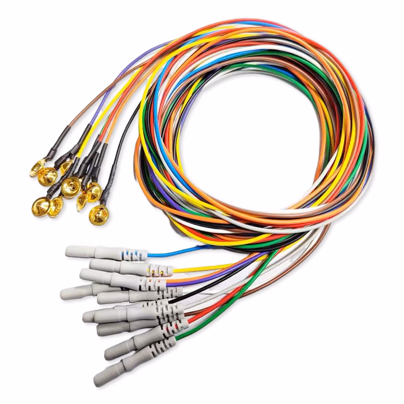 Compatible EEG/EMG/EOG Electrodes Cable 118IN, 10-Leads (comparable to Philips Respironics 1075399) 10 Leads/set, 3m, φ10mm Golden Plated Copper Cup, 1.5mm DIN, Red, Orange, Yellow, Green, Blue, Purple, White, Brown, Gray, Black SKU: EEG-D10-006