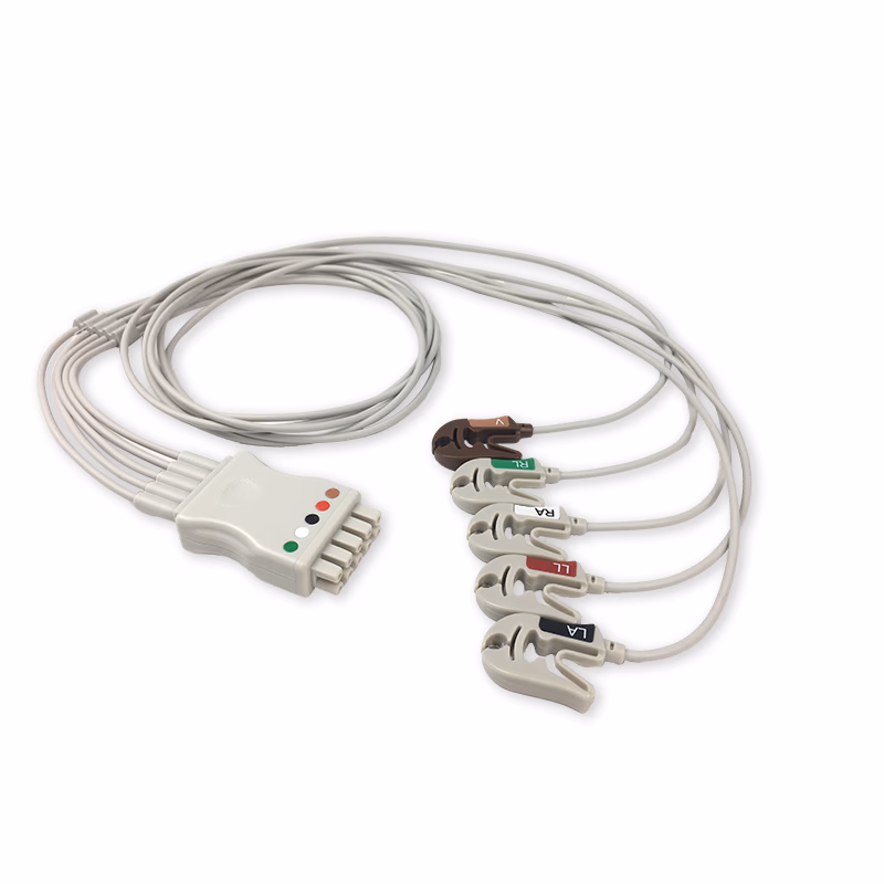 Compatible 5-lead ECG Leadwire with Grabber/Pinch end Molded 0.9m AHA (comparable to GE Healthcare 412681-001) Reusable, Limb + Chest Lead, Lead Type: GE Multi-Link, Shielded SKU: EL-MQ5-90G-A