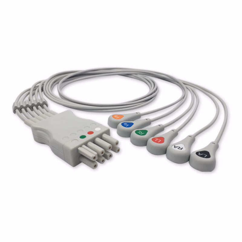 Compatible 6-lead ECG Leadwire with Snap end Molded 0.9m AHA (comparable to Nihon Kohden BR-916PA) Reusable, Limb + Chest Lead, Lead Type: Nihon Kohden(BR-9XXP), Shielded SKU: EL-NKB6-90S-A