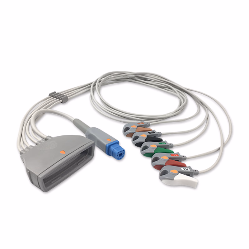 Compatible 5-lead Telemetry ECG Leadwire with Grabber/Pinch end Molded 0.9m AHA (comparable to Philips 989803171851) Reusable, Limb + Chest Lead, Lead Type: Philips MX40, Philips Fast SpO2 SKU: EL-TMX5PH-90G-A