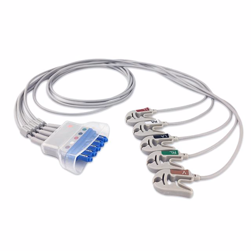 Compatible 5-lead Telemetry ECG Leadwire with Grabber/Pinch end Molded 0.9m AHA (comparable to Philips 989803152051) Reusable, Limb + Chest Lead, Lead Type: Tele IntelliVue, Shielded SKU: EL-TPH5-90G-A