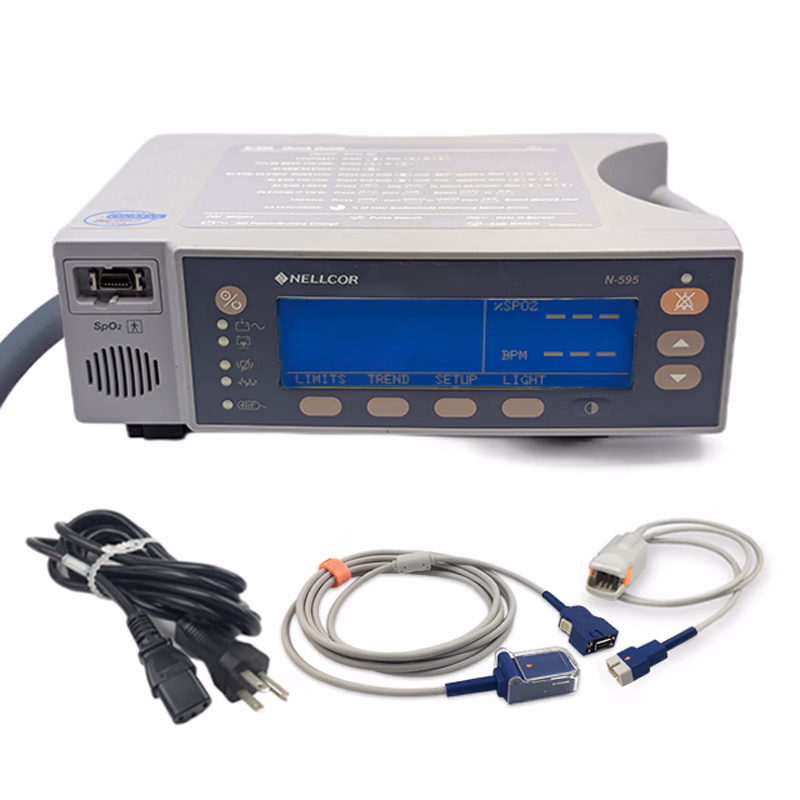 Refurbished OxiMax Pulse Oximeter with New Accessory - Nellcor N-595 with compatible adult finger sensor and spO2 adapter cable, New Batteries and Power Cords SKU: N-595-R-01