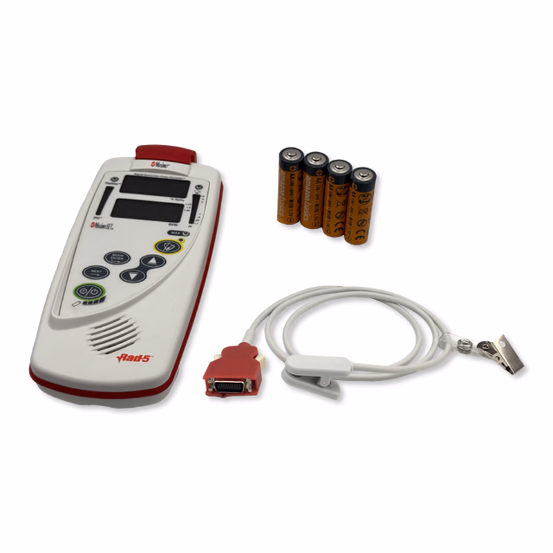 Refurbished Handheld Pulse Oximeter with New Vet Sensor - Masimo Rad-5V with new compatible small Vet tongue clip sensor and AA bateries(4) SKU: Rad-5V-R-V1