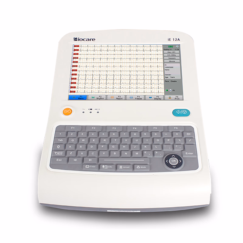 Original 12 Channel High End ECG Machine - Biocare iE12A 8.9-inch High Resolution touch screen, with selectable interpretation printing, Waterproof keyboard, lightweight, Built in rechargeable battery with up to 2.5 hours continuous working capability, up to 1500 files memory, Up to 300 seconds frozen waveforms reviewable and recordable, Specificity analysis for adults and children SKU: iE 12A