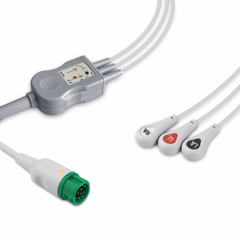 Compatible 3-lead One-Piece ECG Cable with Snap end (comparable to Mindray 043-000487-01) AHA Reusable, Limb Lead, 2.5m+0.9m, Respiratory Rate SKU: EC-3016S-A