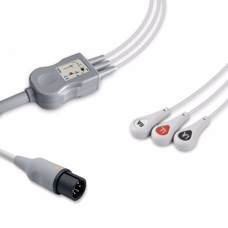 Compatible 3-lead One-Piece ECG Cable with Snap end (comparable to Welch Allyn 008-0315-00) AHA Reusable, Limb Lead, 2.5m+0.9m, Defib-Proof (with Resist) SKU: EC-3019RS-A