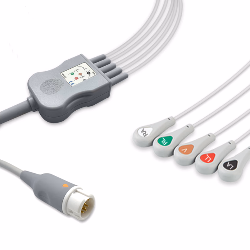 Compatible 5-lead One-Piece ECG Cable with Snap end (comparable to Philips M1977A) AHA Reusable, Limb + Chest Lead, 2.5m+0.9m, Defib-Proof (with Resist) SKU: EC-5005RS-A