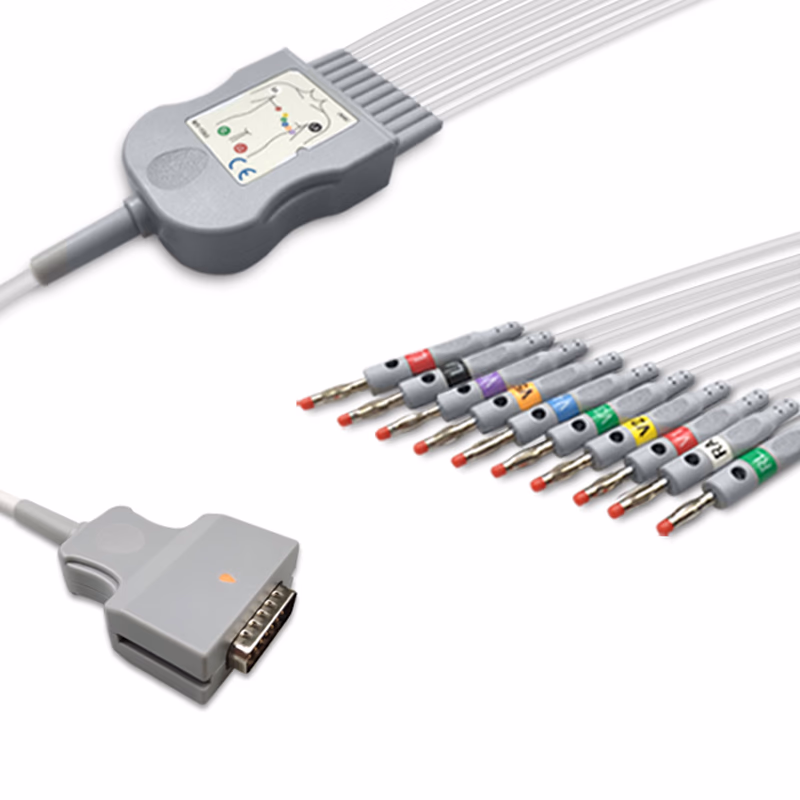 Compatible 10-lead Diagnostic(EKG) One-Piece ECG Cable with 4mm Banana end (comparable to Burdick 012-0700-00) AHA Reusable, Limb + Chest Lead, 2.2m+mixed 0.8m/1.2m, Respiratory Rate SKU: EKC10-BKA-B-A